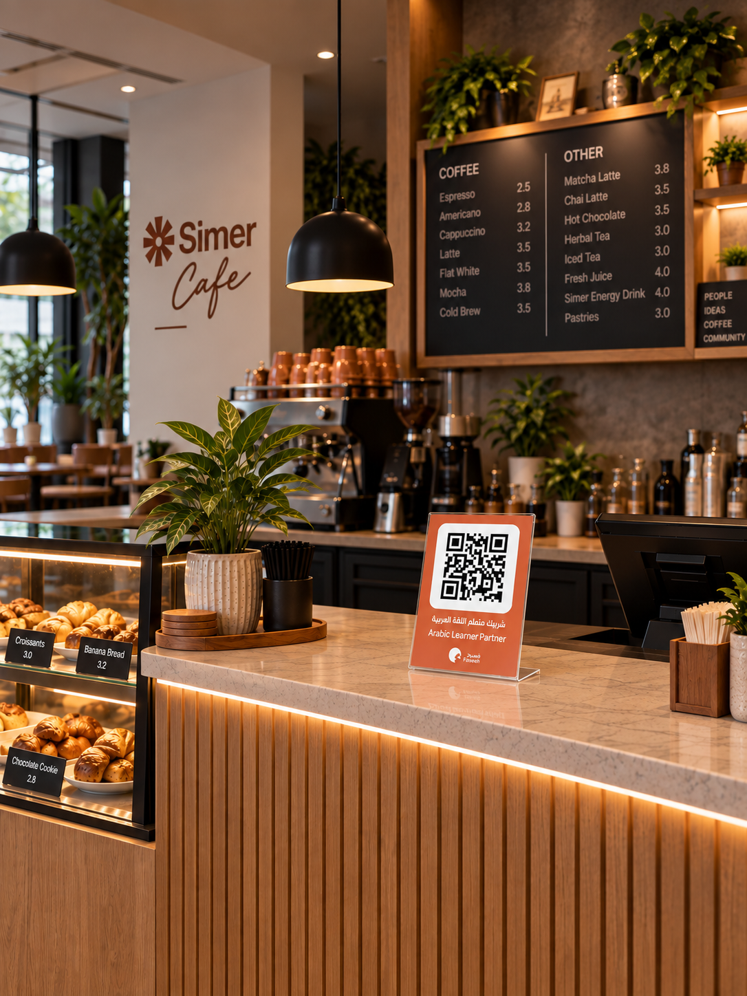 A Faseeh Live partner café with an Arabic Learner Partner QR stand